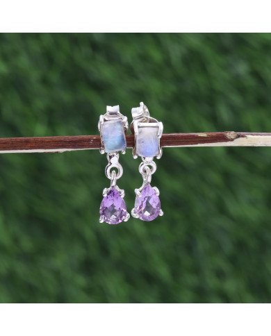 925 Sterling Silver Amethyst & Rainbow Moonstone Drop Earrings