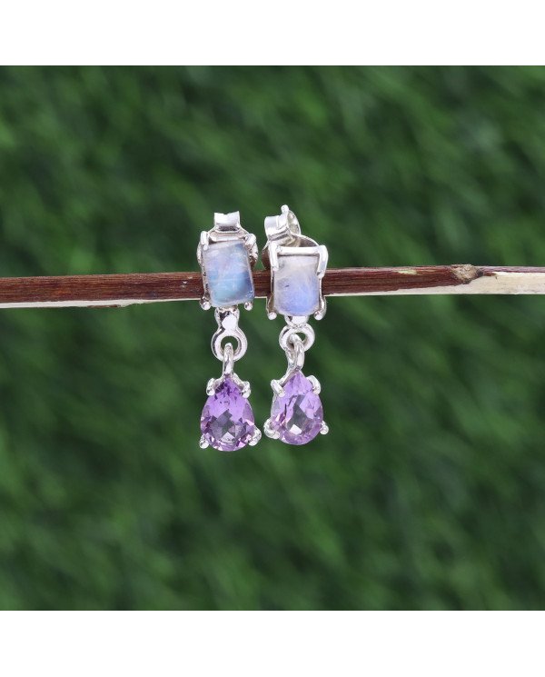 925 Sterling Silver Amethyst & Rainbow Moonstone Drop Earrings