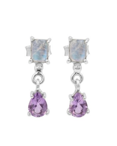 925 Sterling Silver Amethyst & Rainbow Moonstone Drop Earrings