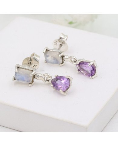 925 Sterling Silver Amethyst & Rainbow Moonstone Drop Earrings