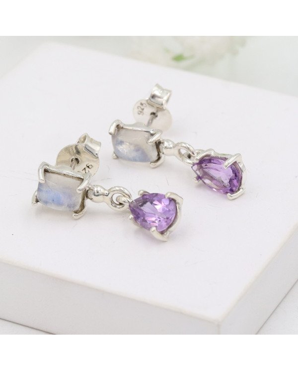 925 Sterling Silver Amethyst & Rainbow Moonstone Drop Earrings