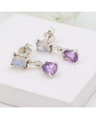 925 Sterling Silver Amethyst & Rainbow Moonstone Drop Earrings