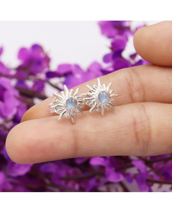 925 Sterling Silver Moonstone Sunburst Stud Earrings