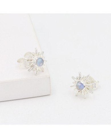 925 Sterling Silver Moonstone Sunburst Stud Earrings