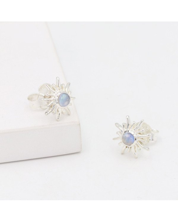 925 Sterling Silver Moonstone Sunburst Stud Earrings