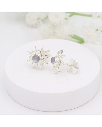 925 Sterling Silver Moonstone Sunburst Stud Earrings