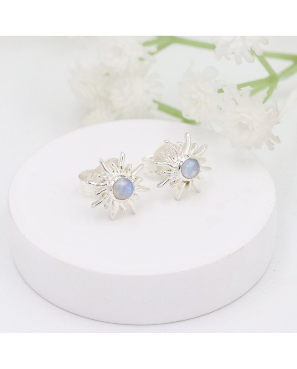 925 Sterling Silver Moonstone Sunburst Stud Earrings