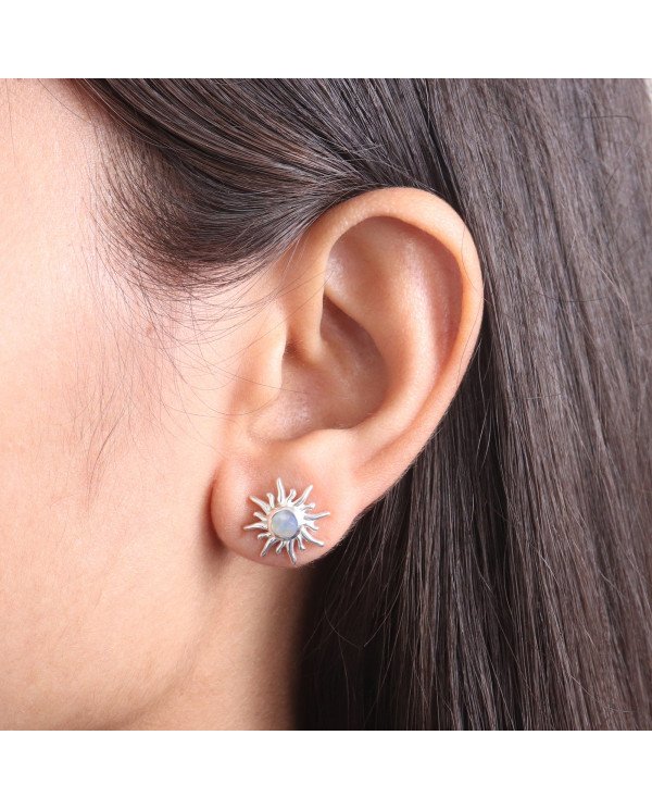 925 Sterling Silver Moonstone Sunburst Stud Earrings
