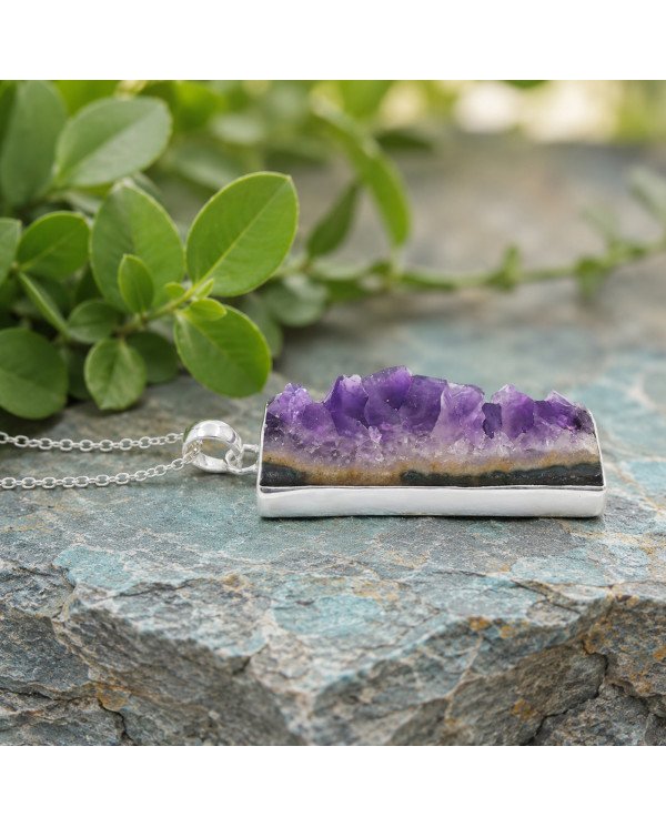 925 Sterling Silver Amethyst Slice Pendant | Natural Gemstone Necklace