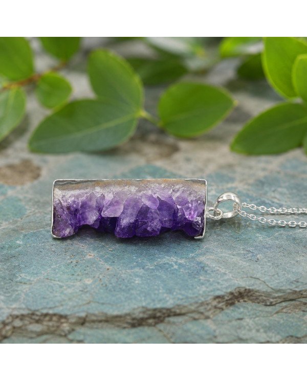 925 Sterling Silver Amethyst Slice Pendant | Natural Gemstone Necklace
