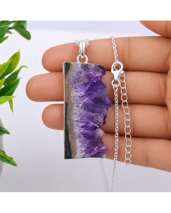 925 Sterling Silver Amethyst Slice Pendant | Natural Gemstone Necklace