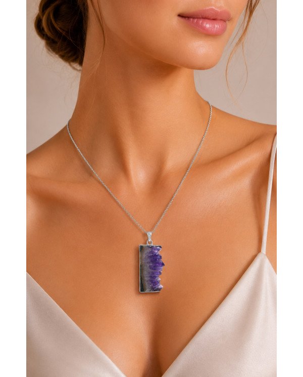 925 Sterling Silver Amethyst Slice Pendant | Natural Gemstone Necklace