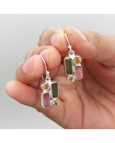 Tourmaline and Citrine Earrings | 925 Sterling Silver Handmade Jewelry