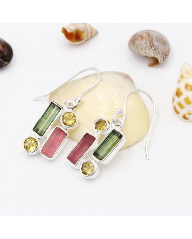 Tourmaline and Citrine Earrings | 925 Sterling Silver Handmade Jewelry