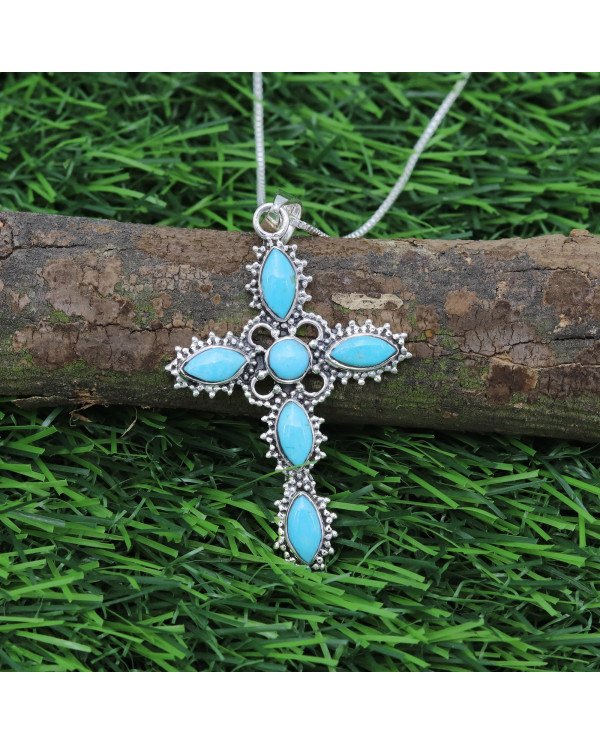 Arizona Turquoise Cross Pendant | 925 Sterling Silver Gemstone Jewelry