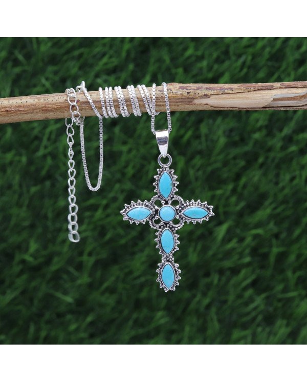 Arizona Turquoise Cross Pendant | 925 Sterling Silver Gemstone Jewelry