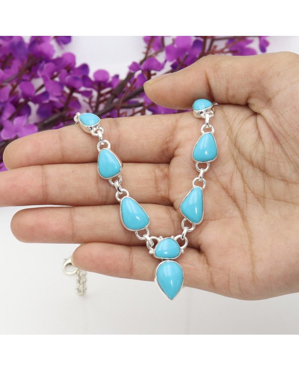 Arizona Turquoise Chain Necklace - 925 Sterling Silver Handmade Jewelry