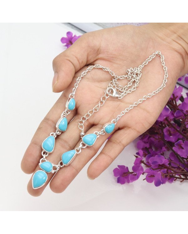 Arizona Turquoise Chain Necklace - 925 Sterling Silver Handmade Jewelry