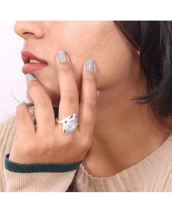 Rainbow Moonstone Ring - 925 Sterling Silver Solitaire Statement Ring