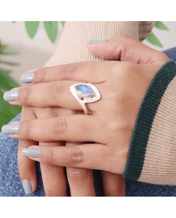 Rainbow Moonstone Ring - 925 Sterling Silver Solitaire Statement Ring