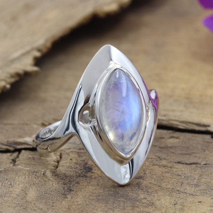 Rainbow Moonstone Ring - 925 Sterling Silver Solitaire Statement Ring
