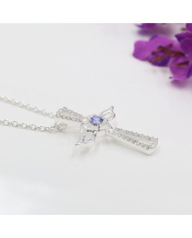 Tanzanite & Swarovski Crystal Cross Pendant in 925 Sterling Silver