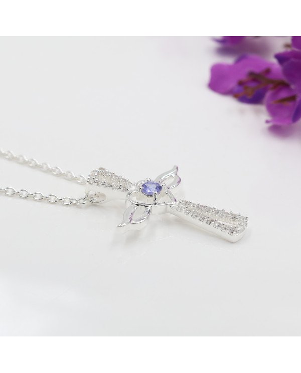 Tanzanite & Swarovski Crystal Cross Pendant in 925 Sterling Silver