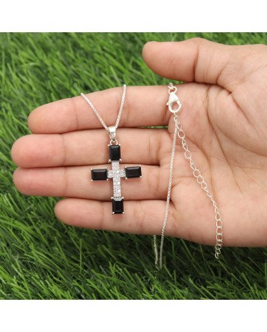 Black Onyx & Swarovski Crystal Cross Pendant | 925 Sterling Silver