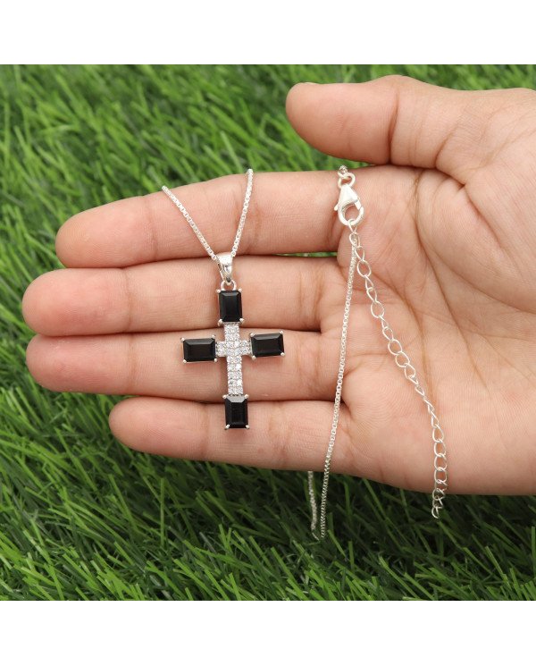 Black Onyx & Swarovski Crystal Cross Pendant | 925 Sterling Silver