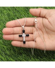 Black Onyx & Swarovski Crystal Cross Pendant | 925 Sterling Silver