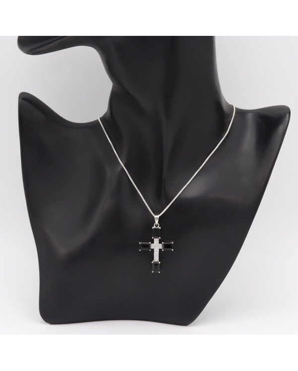 Black Onyx & Swarovski Crystal Cross Pendant | 925 Sterling Silver