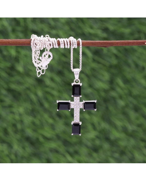 Black Onyx & Swarovski Crystal Cross Pendant | 925 Sterling Silver