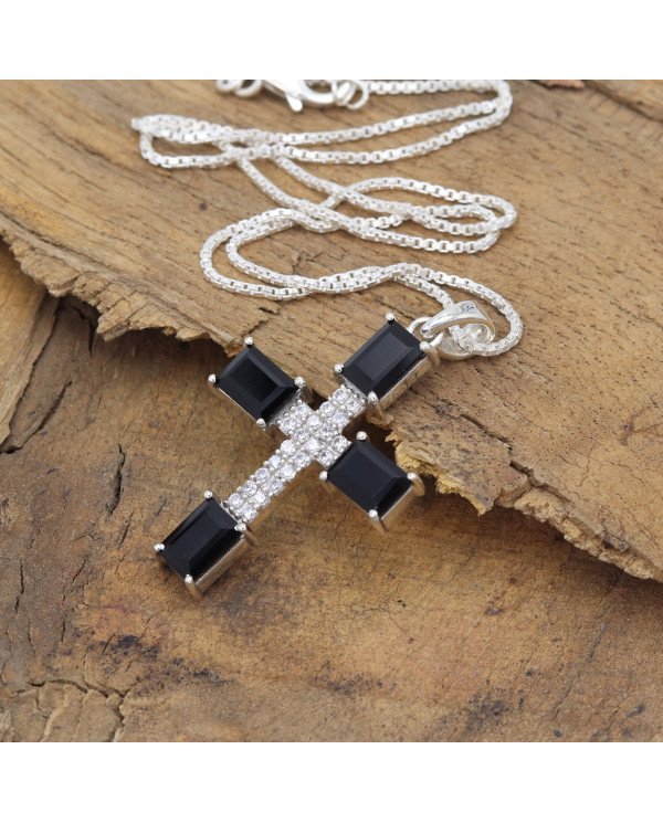 Black Onyx & Swarovski Crystal Cross Pendant | 925 Sterling Silver