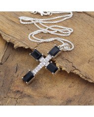 Black Onyx & Swarovski Crystal Cross Pendant | 925 Sterling Silver