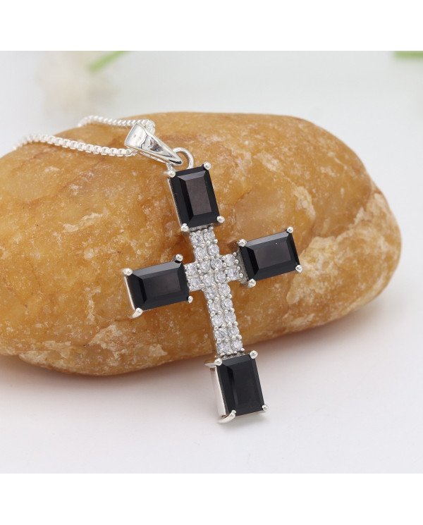 Black Onyx & Swarovski Crystal Cross Pendant | 925 Sterling Silver