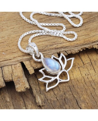 925 Sterling Silver Moonstone Lotus Pendant Necklace Handmade Jewelry