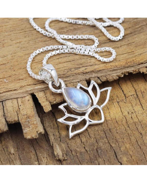 925 Sterling Silver Moonstone Lotus Pendant Necklace Handmade Jewelry
