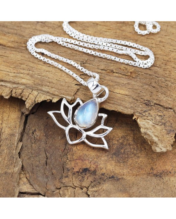 925 Sterling Silver Moonstone Lotus Pendant Necklace Handmade Jewelry