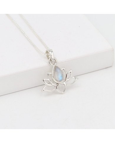 925 Sterling Silver Moonstone Lotus Pendant Necklace Handmade Jewelry