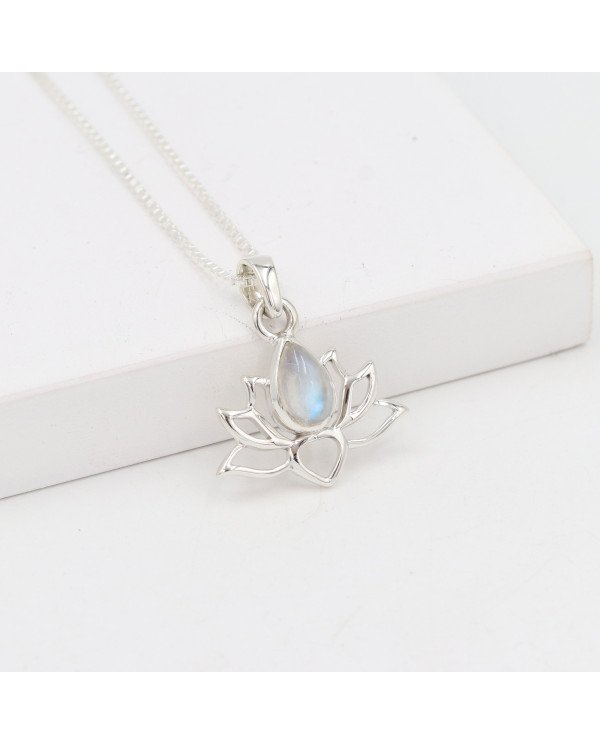 925 Sterling Silver Moonstone Lotus Pendant Necklace Handmade Jewelry