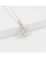 925 Sterling Silver Moonstone Lotus Pendant Necklace Handmade Jewelry