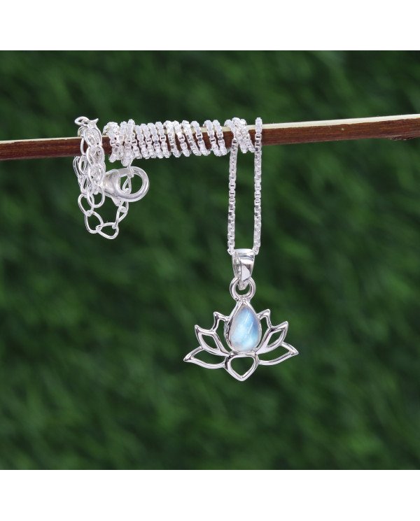 925 Sterling Silver Moonstone Lotus Pendant Necklace Handmade Jewelry