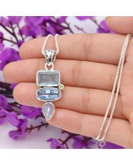 925 Sterling Silver Multi-Gemstone Pendant Necklace for Women