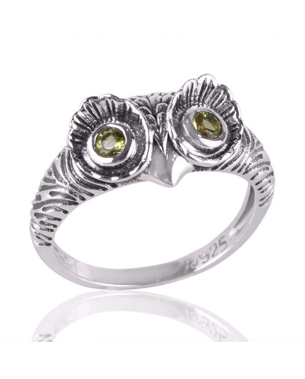 Peridot Gemstone Owl Skull Sterling Silver Ring For Women's and Men's