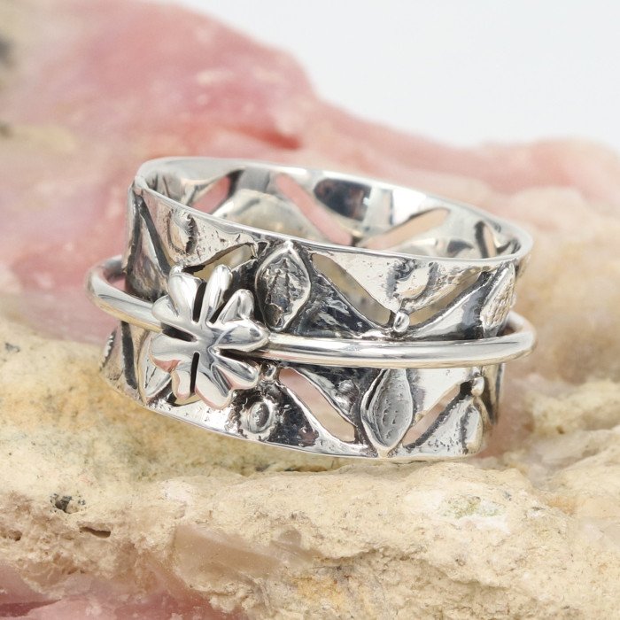 925 Sterling Silver Clover Spinner Ring | Handmade Fidget Statement Ring