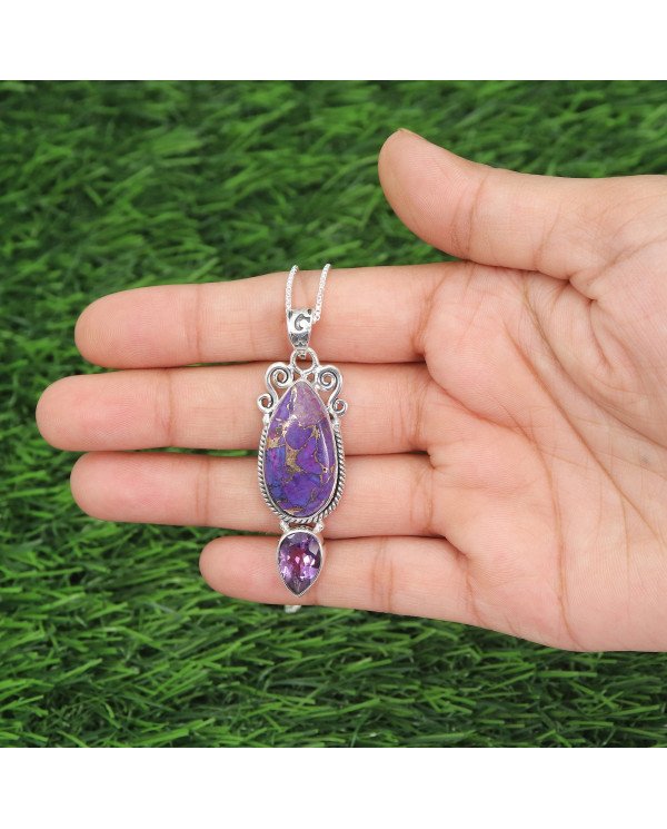Purple Copper Turquoise & Amethyst Pendant Necklace | 925 Sterling Silver Boho Jewelry