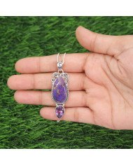 Purple Copper Turquoise & Amethyst Pendant Necklace | 925 Sterling Silver Boho Jewelry
