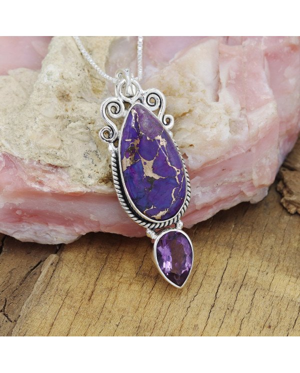 Purple Copper Turquoise & Amethyst Pendant Necklace | 925 Sterling Silver Boho Jewelry