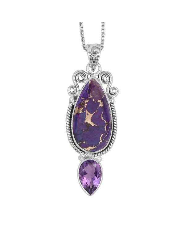 Purple Copper Turquoise & Amethyst Pendant Necklace | 925 Sterling Silver Boho Jewelry