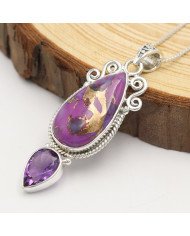Purple Copper Turquoise & Amethyst Pendant Necklace | 925 Sterling Silver Boho Jewelry